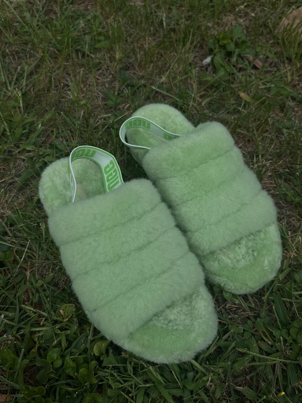 Y2K UGG Plush Wedge Sandal Slides with Back Strap in Neon Mint Pastel Green